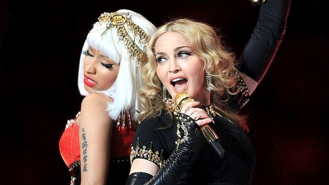PHOTO: Nicki Minaj and Madonna perform during the Bridgestone Super Bowl XLVI Halftime Show at Lucas Oil Stadium, Feb. 5, 2012 in Indianapolis, Ind.
