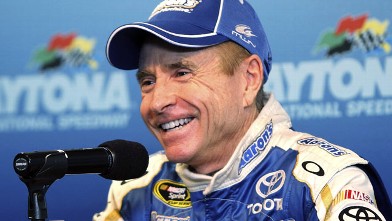 PHOTO: Mark Martin, driver of the #55 AAron;s Dream Machine Toyota addresses the media during Daytona Preseason Thunder at Daytona International Speedway on January 12, 2012 in Daytona Beach, Florida.