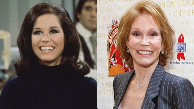PHOTO: Mary Tyler Moore as Mary Richards smiles broadly as she sits at a desk in a scene from 'The Mary Tyler Moore Show,' Los Angeles, 1970; Mary Tyler Moore attends Broadway Barks! 14 at the Shubert Alley, July 14, 2012, in New York.
