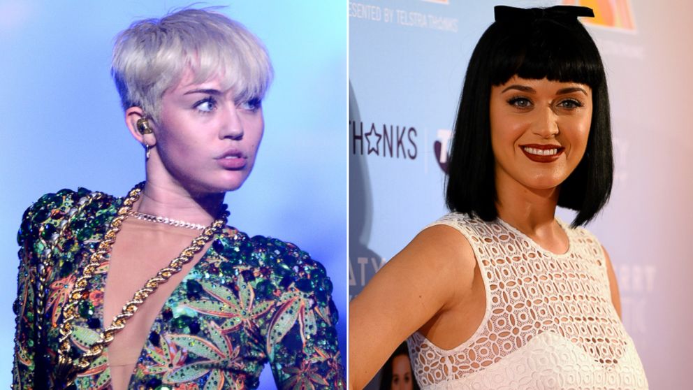 PHOTO: Miley Cyrus is seen left on Feb. 25, 2014 performing on San Jose Calif. and Katy Perry is seen right on March 4, 2014 at the start of her world tour in Sydney, Australia.