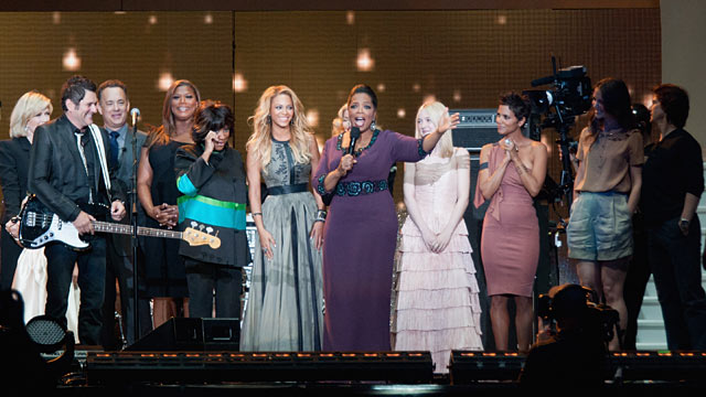 PHOTO: From left to right: Diane Sawyer, Jay DeMarcus, Tom Hanks, Queen Latifah, Patti LaBelle, Beyonce, Madonna, Oprah, Dakota Fanning, Halle Berry and Katie Holmes and Tom Cruise.