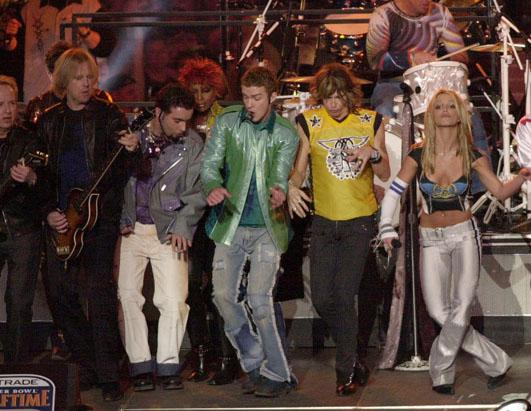 NSYNC, Aerosmith and Britney Spears all perform during halftime at Super Bowl XXXV between the Baltimore Ravens and New York Giants at Raymond James Stadium in Tampa, Florida on Jan. 28, 2001.