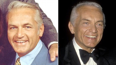 PHOTO: Ted Knight as Ted Baxter poses in a publicity portrait for the CBS situation comedy 'Mary Tyler Moore' show, California, 1971; Ted Knight in Santa Monica, Calif, March 23, 1986. Knight passed away five months later.