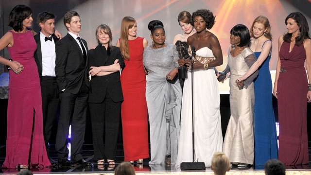 PHOTO: The cast of "The Help" accepts the Outstanding Performance by a Cast in a Motion Picture award, during the 18th Annual Screen Actors Guild Awards at The Shrine Auditorium, Jan. 29, 2012 in Los Angeles, Calif.
