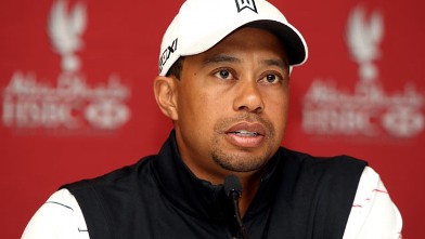 PHOTO: Tiger Woods speaks with the media prior to the start of the Abu Dhabi HSBC Golf Championship at the Abu Dhabi Golf Club, Jan. 24, 2012 in Abu Dhabi, United Arab Emirates.