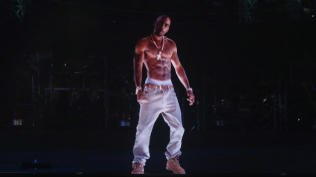 PHOTO: A hologram of deceased rapper Tupac Shakur performs onstage during day 3 of the 2012 Coachella Valley Music & Arts Festival at the Empire Polo Field on April 15, 2012 in Indio, California.