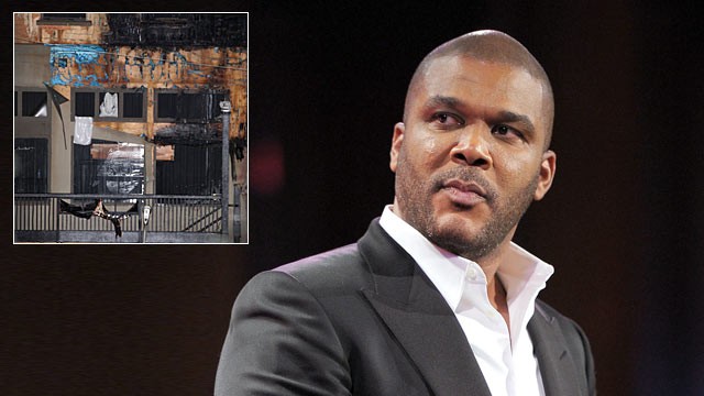PHOTO: Director Tyler Perry speaks onstage at Cipriani, Wall Street in New York City and inset of facade of Tyler Perry Studios in southwest Atlanta, May 1, 2012.