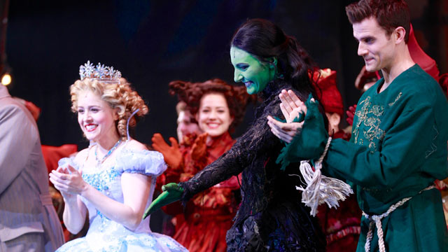 PHOTO: From left, actors Alli Mauzey, Willemijn Verkaik and Kyle Dean Massey take a bow in "Wicked" on Broadway at Gershwin Theatre, Feb. 12, 2013 in New York.