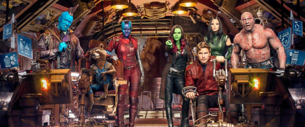 PHOTO: Vin Diesel, Bradley Cooper, Chris Pratt, Michael Rooker, Zoe Saldana, Dave Bautista, Karen Gillan, and Pom Klementieff pose for a cast photo for "Guardians of the Galaxy."
