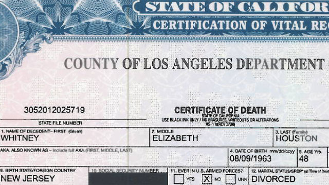 PHOTO: Whitney Houstons official death certificate has been released to the public.