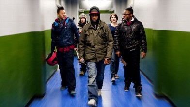 PHOTO: Franz Drameh as Dennis, Alex Esmail as Pest, John Boyega as Moses, Jodie Whittaker as Sam, Leeon Jones as Jerome in Screen Gems' attack the block.