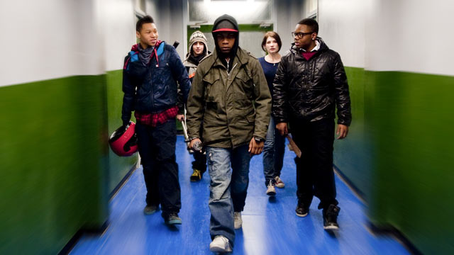 PHOTO: Franz Drameh as Dennis, Alex Esmail as Pest, John Boyega as Moses, Jodie Whittaker as Sam, Leeon Jones as Jerome in Screen Gems' attack the block.