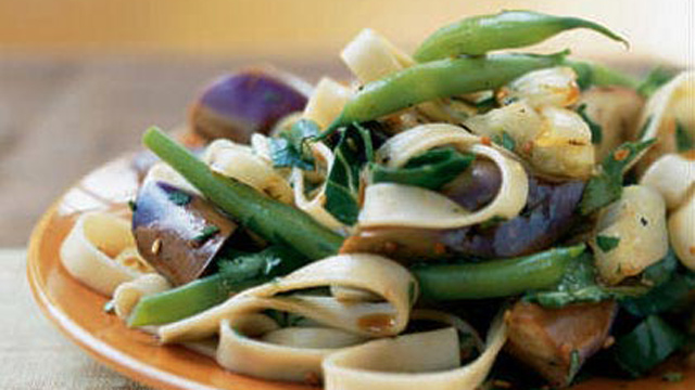 PHOTO: Cooking Light's eggplant and onion noodle salad with warm soy-rice vinaigrette is shown here.