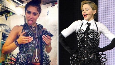 PHOTO: Lourdes Leon, daughter of Madonna, left, poses in her mother's infamous cone dress. Madonna performs on stage during her "MDNA" tour at Ramat Gan Stadium on May 31, 2012 in Tel Aviv, Israel.