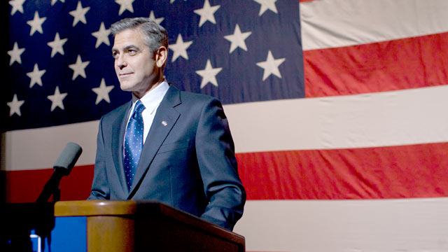 PHOTO: George Clooney, playing Governor Morris, delivers a major speech at Kent State University in Columbia Pictures Ides of March.