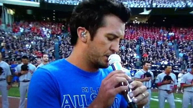 PHOTO: Country Music Star Luke Bryan performs the national anthem before the 83rd MLB All-Star Game at Kauffman Stadium, July 10, 2012 in Kansas City, Missouri