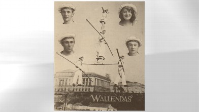 PHOTO: A poster advertising Karl Wallenda's circus troupe. Clockwise from the top left are Karl Wallenda, Helen Wallenda, Joe Geiger and Herman Wallenda.