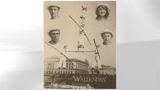 PHOTO: A poster advertising Karl Wallenda's circus troupe. Clockwise from the top left are Karl Wallenda, Helen Wallenda, Joe Geiger and Herman Wallenda.