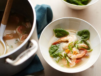 A spicy peanut and shrimp soup is shown here.