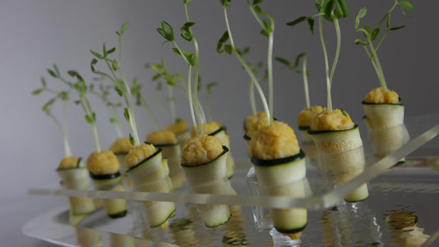 PHOTO: Andrea Correale's cucumber roulades with lemon hummus are shown here.