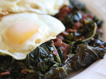 Rachel Willen's vinegar braised greens with fried eggs are shown here.