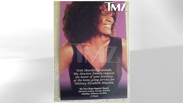 PHOTO: The official Whitney Houston invitation, obtained by TMZ, reads, "With heartfelt gratitude, the Houston Family requests the honor of your presence at the home going service for Whitney Elizabeth Houston."