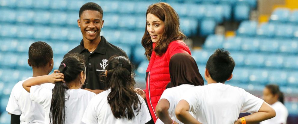PHOTO: Catherine, Duchess of Cambridge, speaks to children at Aston Villa Football Club, Villa Park in Birmingham, England, Nov. 11, 2017.