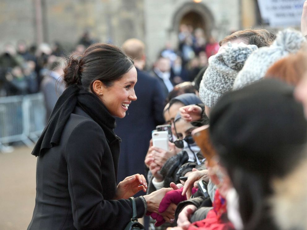 PHOTO: Prince Harry and Meghan Markle greet the crowds during their first visit to Wales since the announcement of their engagement, Jan. 18, 2017, in Cardiff, Wales. 