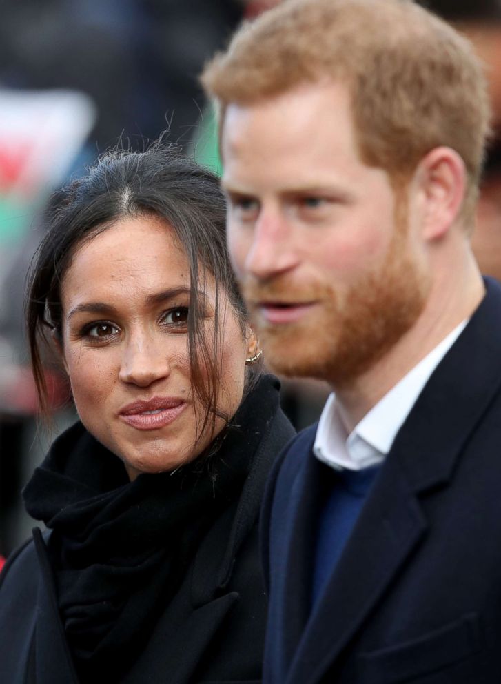 PHOTO: Prince Harry and his fiancee Meghan Markle are seen during a walkabout at Cardiff Castle, Jan. 18, 2018, in Cardiff, Wales.