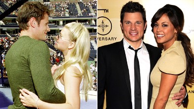 PHOTO: Nick Lachey and Vanessa Minnillo in 2011, right, and Lachey with Jessica Simpson in 2000.