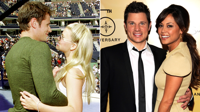 PHOTO: Nick Lachey and Vanessa Minnillo in 2011, right, and Lachey with Jessica Simpson in 2000.