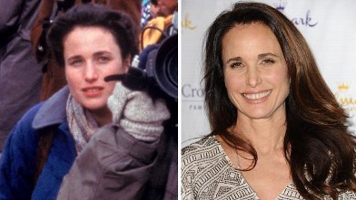 PHOTO: Andie MacDowell, left, in a scene from the movie "Groundhog Day." Andie MacDowell, right, attends the Hallmark Channel 2013 winter press gala at Huntington Library, Jan. 4, 2013, in Pasadena, Calif.