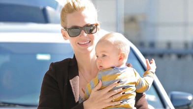 PHOTO: Actress January Jones is seen at JFK airport with her son Xander in New York City, March 27, 2012.