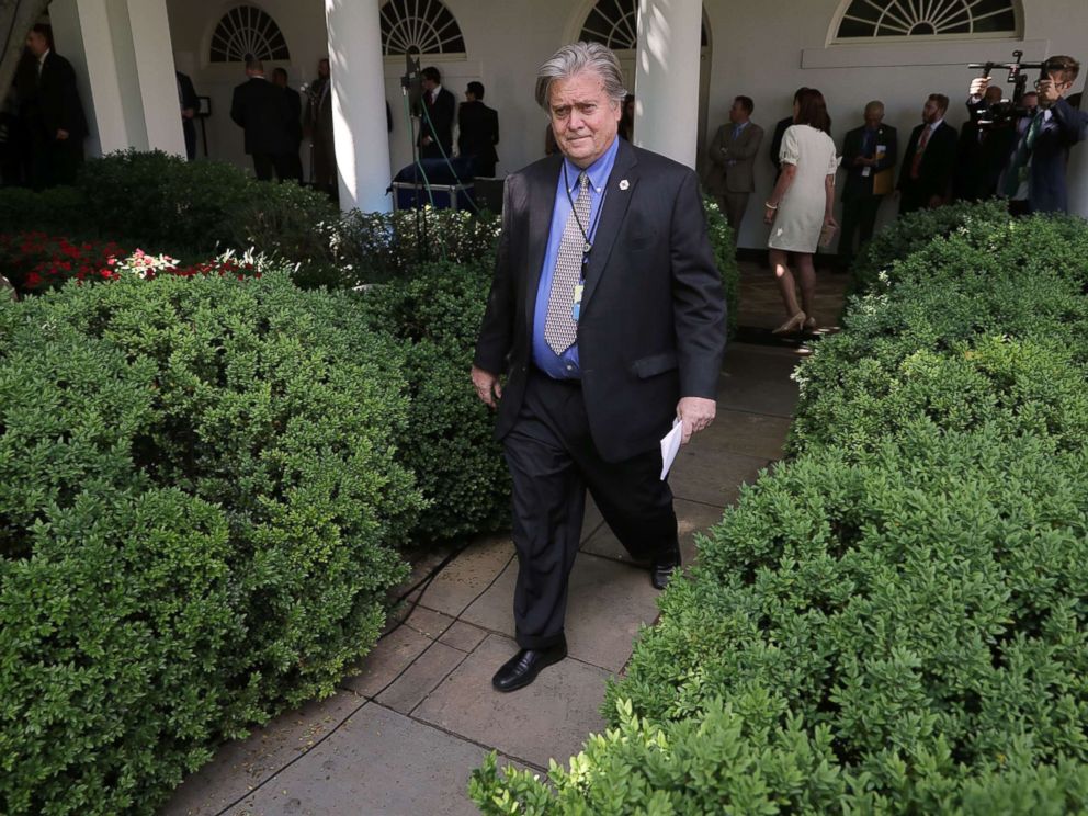 PHOTO: Senior Counselor to the President Steve Bannon walks into the Rose Garden before President Donald Trump announces his decision to pull out of the Paris climate agreement at the White House, June 1, 2017, in Washington.