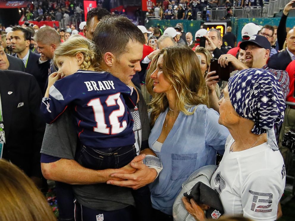 PHOTO: Tom Brady #12 of the New England Patriots celebrates with wife Gisele Bundchen and daughter Vivian Brady after defeating the Atlanta Falcons during Super Bowl 51 at NRG Stadium, Feb. 5, 2017 in Houston.
