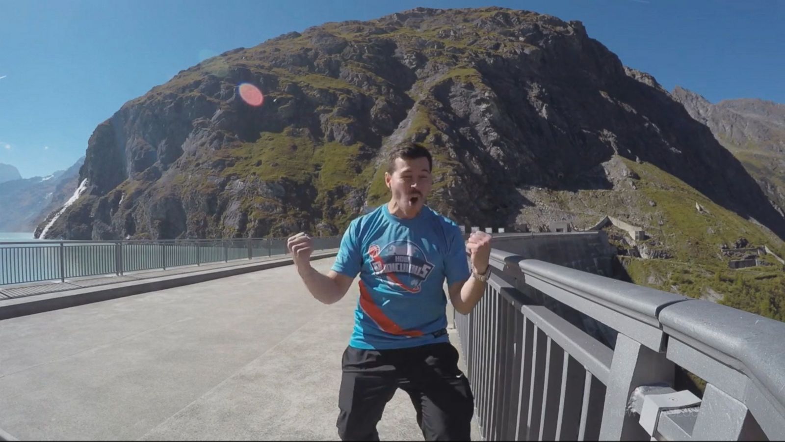 Off the top of Mauvoisin Dam in Switzerland, a man swished a phenomenal basketball shot from nearly 600 feet up.