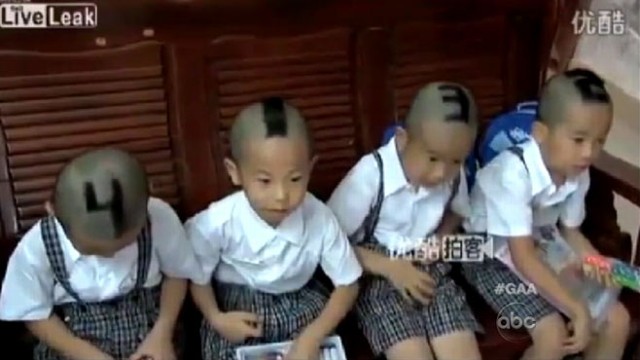 VIDEO: 6-year-old Chinese quadruplet boys get numbers shaved on heads so teachers can tell them apart.