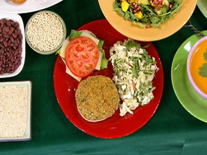 Diane Henderiks' garden veggie burger and Asian slaw are shown.