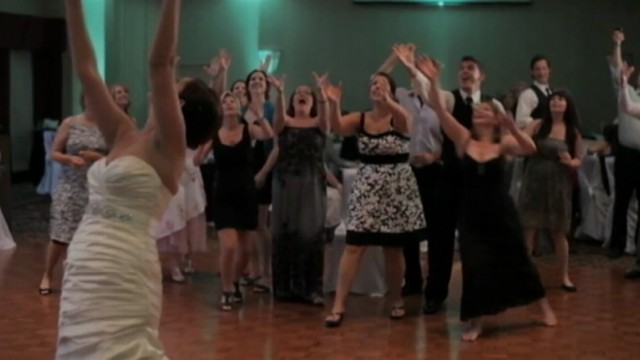VIDEO: This bridesmaids attempt to catch the coveted bouquet doesnt go as planned.