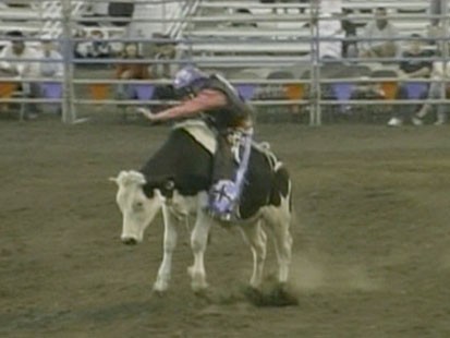 A picture of Levi Johnson riding a bull.