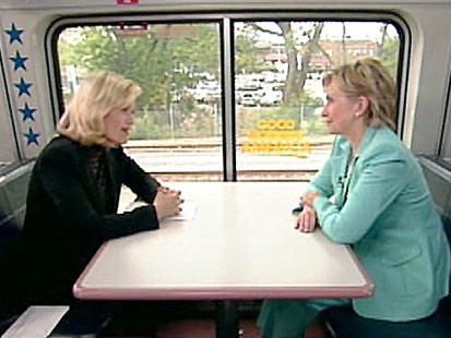 A picture of Diane Sawyer interviewing Hillary Clinton.