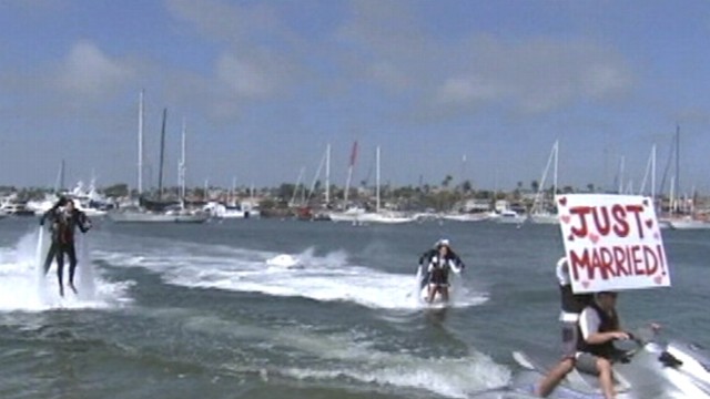 Amanda Volf, Grant Engler donned water-powered packs for their wedding in Newport Beach, Calif.