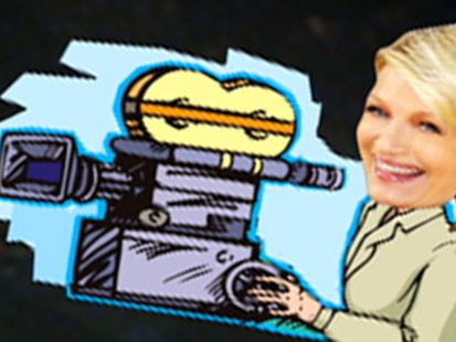 A picture of Diane Sawyers head of a cartoon holding a film camera.
