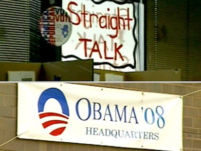 A split screen picture of a sign supporting McCain and a sign supporting Obama.