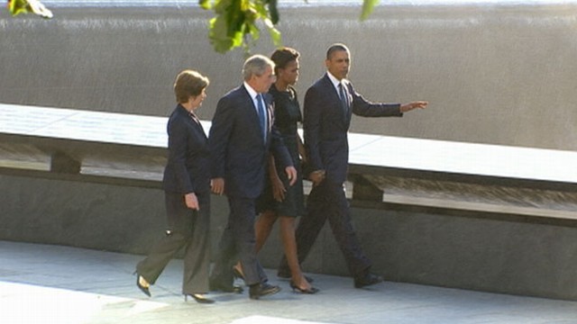 VIDEO: Americans see the two post-9/11 presidents together at the WTC for first time.