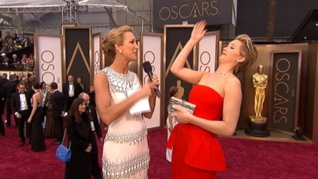 VIDEO: Jennifer Lawrence talks to Lara Spencer about stumbling on the red carpet in her Dior dress.