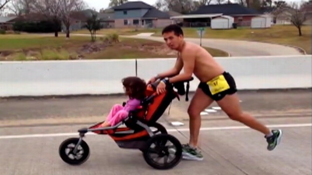 VIDEO: Iram Leon finished in first place at Gusher Marathon while pushing 6-year-old Kiana in a stroller.
