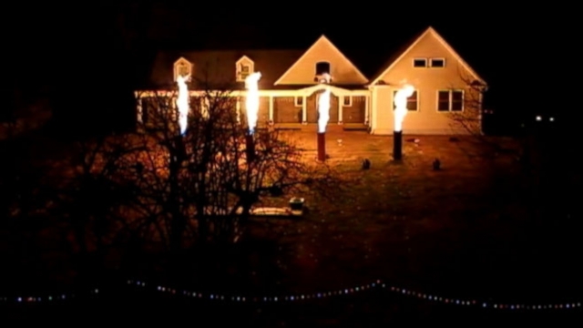 Flame-shooting Christmas light show heats things up on the Jersey Shore this holiday season.