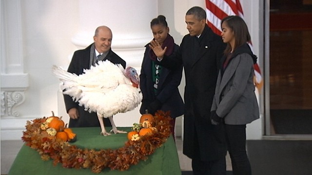 VIDEO: The president makes good on a White House tradition for two lucky turkeys.
