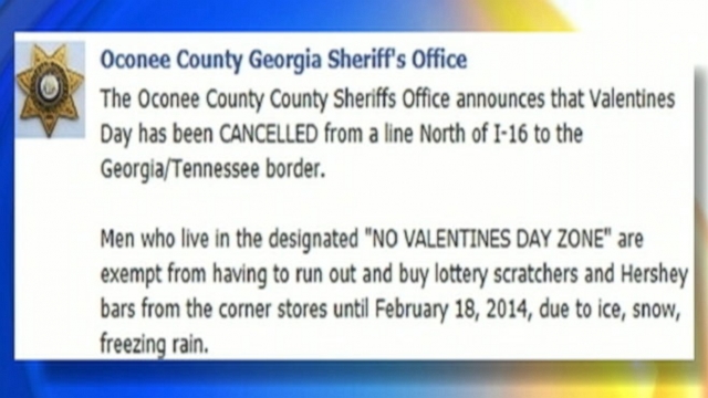 Oconee County Sheriff Scott Berry designated northern Georgia a "No Valentines Day Zone" in a Facebook post.